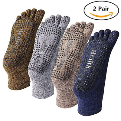 2 Pairs Men Yoga Socks Male Non Slip Grip Five Toe Cotton Pilates Sweat Absorbent Breathable for Gym Fitness Dance Barre