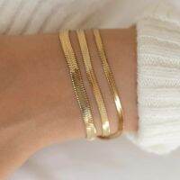 Vnox Minimalist Women Snake Chain Bracelet  Gold Color Blade Herringbone Chain with  Stamp  Adjustable Girl Trendy Jewelry Replacement Parts