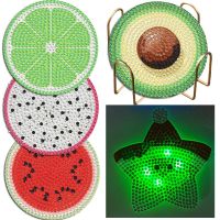 4PCS/Set DIY Led Lighting Diamond Painting Coaster Fruit Special-Shaped Drill Point Drill Coaster Cup Cushion With Rack Xmas Gif