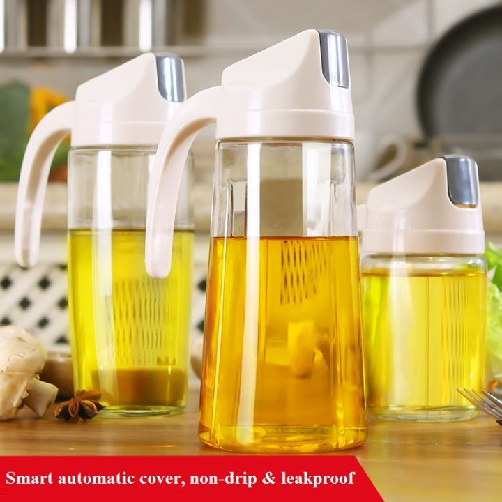 Olive Oil Dispenser Bottle Leakproof Glass Oil Container With Non-Slip  Handle Automatic Cap And Stopper Oil Dispenser Bottle For Kitchen 630ML