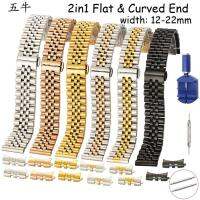 ♀✗☍ 2in1 Flat Curved End Semicircle Link Solid Stainless Steel Watch Band 12 13 14 16 17 18 19 20 21 22mm สายนาฬิกาสำรอง