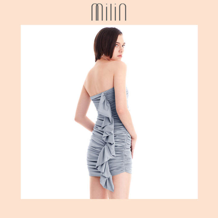 milin-ruched-detail-with-side-ruffle-sleeveless-mini-dress-เดรสสั้นเกาะอกเข้ารูปจับจีบย่น-azure-dress-สีชมพู-สีเทา