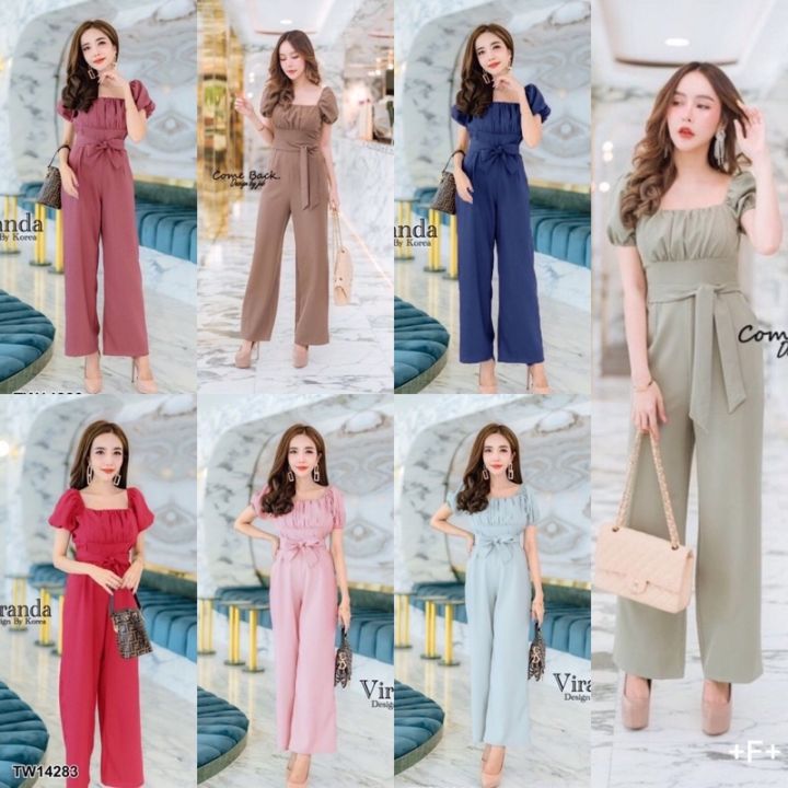 jumpsuit-จั๊มสูทขายาว-แขนพอง-ช่วงอกจับจีบ-ช่วงเอวมีโบว์ผูก-ไหล่สม็อคยางยืด-เนื้อผ้าซาร่า-ทรงเข้ารูปสวย