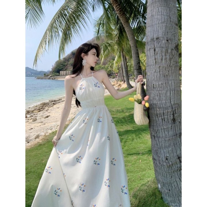 thailand-tourism-photos-seaside-holiday-beach-dress-super-fairy-backless-bind-printed-strap-dress