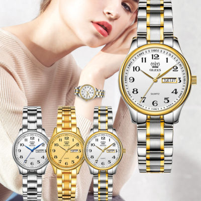 OLEVS นาฬิกาควอตซ์ผู้หญิงขายเดิมPawn Ticketกันน้ำสวยหรูสไตล์เกาหลีแฟชั่นสแตนเลสสตีลนาฬิกาทอง/สีขาว/ทอง-Sliver