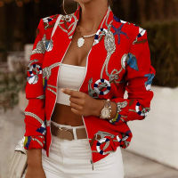 Spring Autumn Casual Thin Jacket Vintage Print Tops Women Fashion Long Sleeve Slim Zipper Ladies Jackets Coat Woman Veste Femme