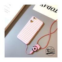 Case iPhone 7 Plus, 8 Plus ลายขวาง+หัวใจ สายคล้องคอ สีชมพู