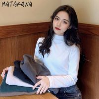 Matakawa Women T-shirts Autumn Winter Korean Half High Collar Long Sleeve Thicken T Shirt Solid Fashion Slim All-match Tshirt