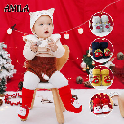 AMILA อะมิลาเทอร์รี่ถุงเท้าเด็กหนาพร้อมที่จ่ายกาวกันลื่นถุงเท้าเดินพื้นเด็กทารกถุงเท้าคริสต์มาสเด็ก