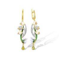 2022 New Arrival Sparkling AAA Zircon Inlay Small Flower Bud Elegant Earring Dangled Retro Handmade Enamel Accessories