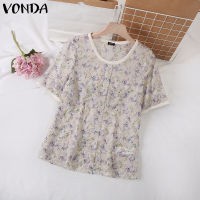 (จัดส่งฟรี)Fancystyle VONDA เสื้อเชิ้ตลายดอกไม้เดินทางที่สง่างามของผู้หญิง OL ปุ่มทำงานลงเสื้อยืดคอกลม #2