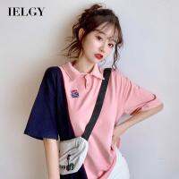 IELGY เสื้อยืดแขนสั้นสำหรับผู้หญิง,เสื้อยืดคอโปโลแบบเย็บปัก