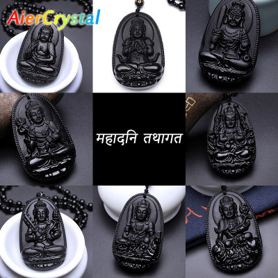 Natural Stone Black Obsidian Amitabha Carved Tathagata Buddha Amulet Pendant Necklace Jewelry for Women Men Beads Pendants