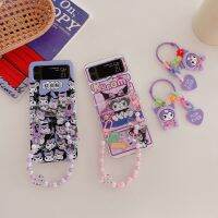 สร้อยข้อมือตุ๊กตาการ์ตูน Kuromi Sanrio เคสโทรศัพท์สำหรับ Samsung Galaxy Z Flip 3 4 5G ฝา ZFlip4 ZFlip3 Flip3ฝาครอบป้องกันการตก