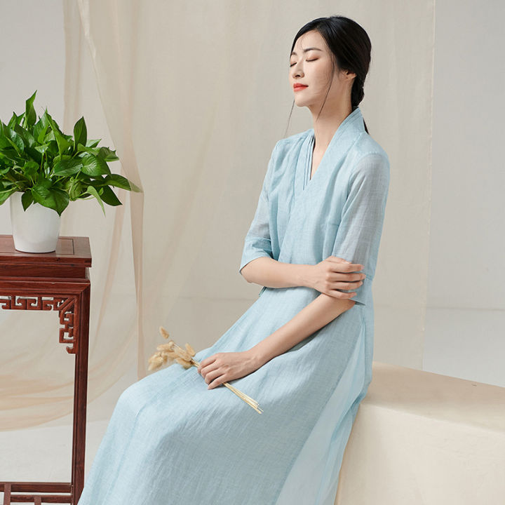 qingshuzhai-สไตล์จีน-hanfu-ปรับปรุงรุ่นชุดหญิงจีน-ramie-ผู้หญิง-retro-zen-tea-suit