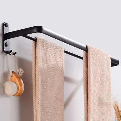 Double Towel Bar Holder with Hook Aluminum Wall Mounted Bathroom Towel Rack Black Decorative Restroom Clothes Towel Rail Hanger