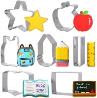 Back to School Cookie Cutter Set 7 Pack Cutters Stainless Steel with Pencil, Black Board, Ruler, Schoolbag, Book Biscuit Mold