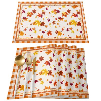 Autumn Maple Leaf Plaid 4/6pcs Table Pad Mats for Dining Table Home Kitchen Decor Accessories Linen Placemats Coaster