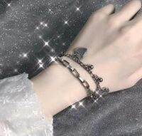 สร้อยข้อมือ จี้รูปหัวใจ สไตล์ฮิปฮอป เครื่องประดับ  Hip Hop Metal Heart Bracelet for Women Female Beads 2 Layering Linked Chain Bracelets Cool Jewelry