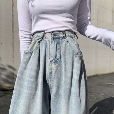 กางเกงยีนส์ถูพื้นสำหรับผู้หญิง,ฉบับภาษาเกาหลีกางเกงขาม้าบางเอวสูงใหม่กางเกงขายาวตรงทรงหลวมแสงไฟสีฤดูใบไม้ผลิ