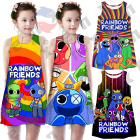 Robloxs Rainbow Friends ชุดหลากสีน่ารักการ์ตูนเพื่อนรักสีรุ้ง,ชุดเดรสชุดเดรสเด็กผู้หญิงทรงเอแขนกุดสำหรับฤดูร้อน