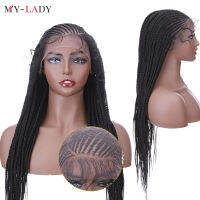 My-Lady สังเคราะห์29 "ลูกไม้ด้านหน้า Cornrow กล่อง Wigs สีดำสำหรับผู้หญิงฝรั่งเศสผมยาวตรงถัก Wigs หน้าผากวิกผม.