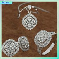 ADAM 3 PCS หรูหราสุดหรู ชุดเครื่องประดับอัญมณี เพชรเต็มเม็ด เซอร์คอน แหวนวงแหวน แฟชั่นสำหรับผู้หญิง สี่เหลี่ยมสี่เหลี่ยม ต่างหูรูปดอกไม้ สำหรับผู้หญิง