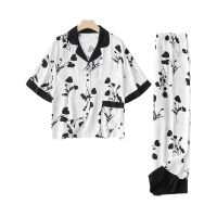 【jw】❁  Printed Womens Short-sleeved Trouser Viscose Floral Nightwear Loungewear 2 Piece Set