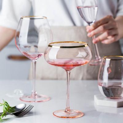 MDZF SWEETHOME Gold Border Red Wine Glass Cup Champagne Water Ice Cream Glass Home Gold-Plated Wine Glass Goblet Pink