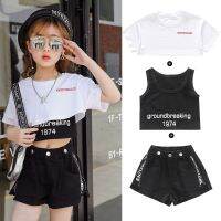 Summer Fashionable Girls Clothes Three-piece Sets Sweatshirt Short T-shirt Skinny Vest Shorts Letters Printed 3-13Y Girls Suits