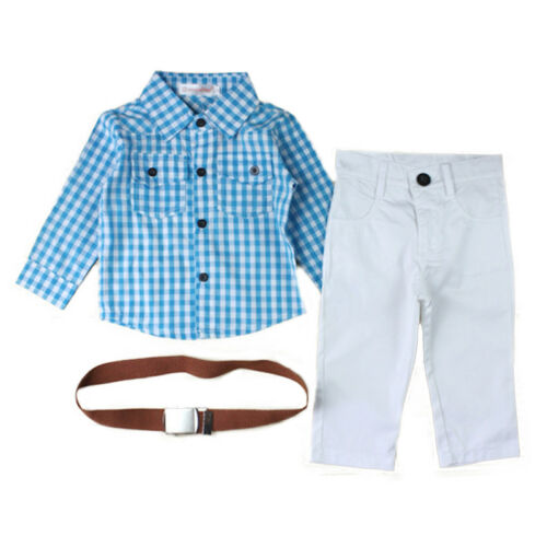 3PCS Kids Boy Shirt Tops Long Pants Belt Outfits Set Casual Suit Formal Clothes 