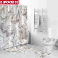 Marble Shower Curtains Waterproof Soft Fabric Bathroom Set Stripes 3d Bath Curtain Anti-skid Rug Toilet Lid Cover Mat Home Decor