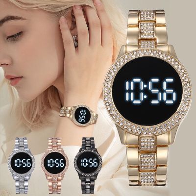 LED หน้าจอขนาดใหญ่เพชรอินพุตนาฬิกาผู้หญิงรอบแถบเหล็กนาฬิกาอิเล็กทรอนิกส์