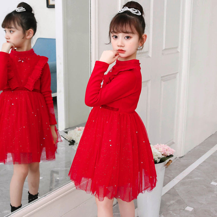 สีแดงสาวเจ้าหญิงชุด-a-line-ฤดูใบไม้ร่วงฤดูหนาวชุดคริสต์มาสเวอร์ชั่นเกาหลีเจ้าหญิงตาข่ายชุดขนแกะแขนยาว