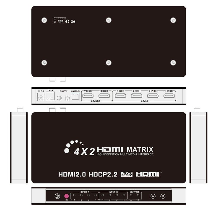 hdmi-เข้ากันได้2-0เมทริกซ์4x2-4k-60hz-hdcp-2-2-edid-ควบคุม-hdmi-2-0สลับตัวแยกเมทริกซ์4-in-2ออก4k-hdmi-1-4v