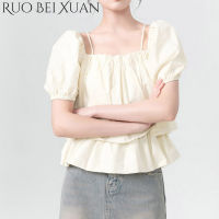 Ruo Bei Xuan เสื้อแจ็กเก็ตแขนสั้นคอเหลี่ยมสำหรับผู้หญิง,เสื้อแจ็กเก็ตเสื้อเชิ้ตลายตุ๊กตาแขนพองมีสายคล้องไหล่ข้างเดียว