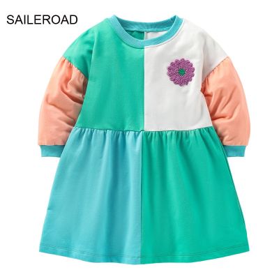 〖jeansame dress〗 SAILEROAD 2 7 Years Splicing Style Dresses Children Long Sleeve Dress Outfit Baby Girl Princess Flower Dress Cotton Kids Clothes