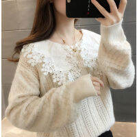 Long Sleeve Women Sweaters Vintage Lace Peter Pan Collar Chic Jumper Female Knitted Sweater Solid Color Casual Jumpers Autumn