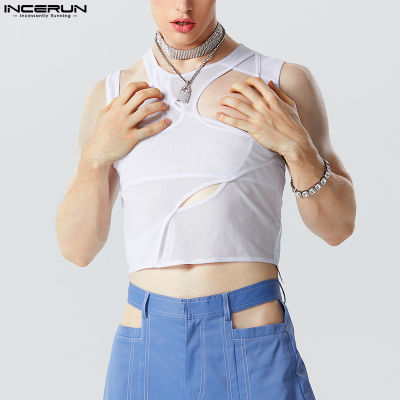 INCERUN เสื้อกล้ามเสื้อครอปครึ่งตัวสำหรับผู้ชาย,เสื้อกั๊กดีไซน์แขนกุดกลวงออก Deconstructed (สไตล์ตะวันตก)