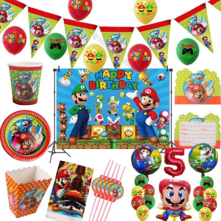 CW】 Marios Bros Birthday Supplies Plate Cup Tableware Tablecloth ...
