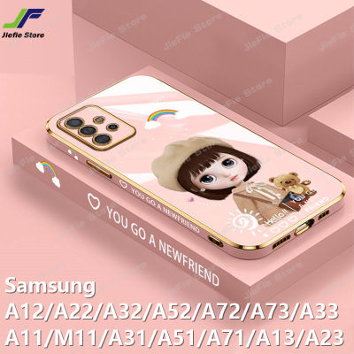 JieFie กรณีโทรศัพท์สาวน่ารักสำหรับ Samsung Galaxy A12 / A11 / M11 / A13 / A14 / A31 / A51 / A71 / A22 / A32 / A52 / A72 / A23 / A33 / A53 / A73 / A24 / A34 / A54 Ultra บางนุ่ม TPU หรูหราฝาครอบโทรศัพท์สี่เหลี่ยมโครเมี่ยม