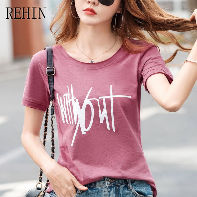 REHIN เสื้อยืดแขนสั้นสำหรับผู้หญิง,เสื้อยืดแขนสั้นทรงหลวมลำลองพิมพ์ลายผ้าใยไผ่แฟชั่นสไตล์เกาหลีแบบใหม่ฤดูร้อน