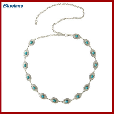 Bluelans®เครื่องประดับแฟชั่นสายรัดเอวสไตล์โบฮีเมียนย้อนยุคแบบหรูหราทำด้วยหนังเทียมสีฟ้าเทอร์ควอยซ์โซ่ไขว้ตัวหญิง