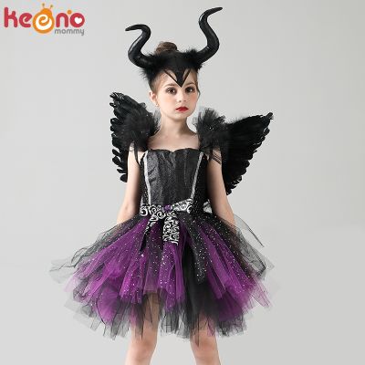 〖jeansame dress〗 Girls Evil Dark Fairy Witch Tutu Dress With Horns And Wings Sparkly Kids Halloween Cosplay Party Costume Fancy Evil Devil Dress