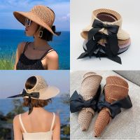 Topi Bucket สำหรับผู้หญิงหมวกแก็ปปีกกว้างหมวกว่างเปล่าสำหรับผู้หญิงหมวกฟางปีกผูกโบว์พับได้สำหรับครีมกันแดดชายหาด