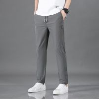 Summer Mens Casual Pants Thin Soft Elasticity Lace-Up Waist Solid Color Pocket Applique Korea Grey Black Work Trousers Male