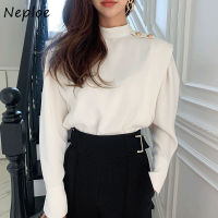 Korean Chic Spring Women Temperament Blouses Stand Collar Button Decoration Long Sleeved Shirts Loose Solid Pullover Blusas