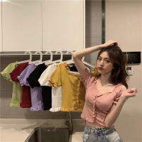 New Knitwear Ice Silk Bubble Sleeve V-neck T-shirt Womens Slim Short Sleeve Foreign Style Tops