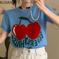 KUSAHIKI Vintage O-neck Cartoon Cherry Letters Hit Color Knitted Tee Tops Short Sleeve Korean Sweet Woman Graphic T Shirts 6H349