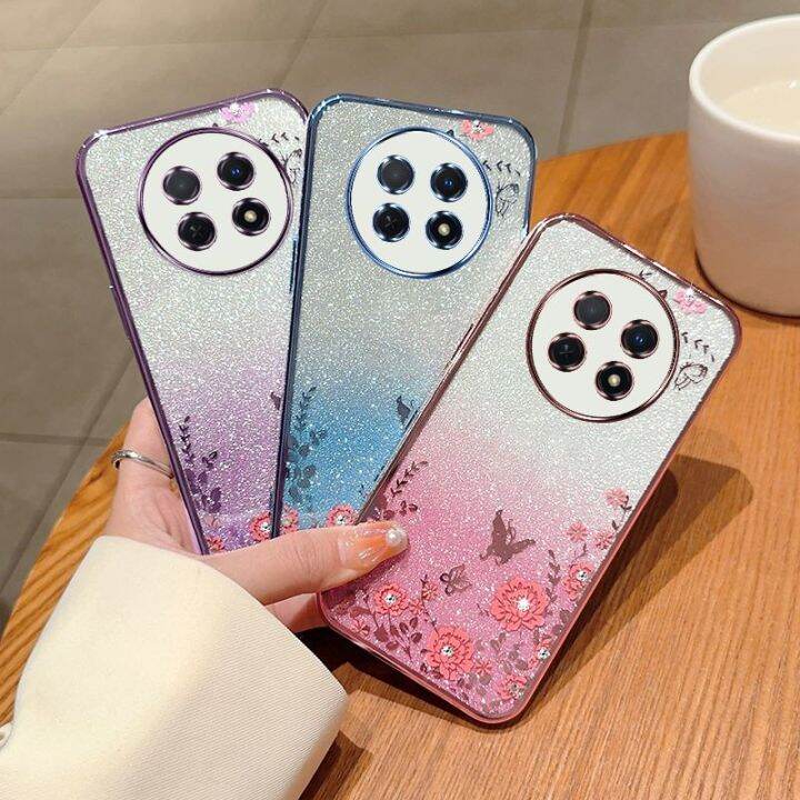 เคสกลิตเตอร์สำหรับ-huawei-nova-y91-y90-novay90-novay91-4g-2023-2022ฝาหลังอ่อนนุ่มซิลิโคน-tpu-ยืดหยุ่นเคสกันกระแทกมือถือแวววาวปกป้องดอกไม้ชุบไล่ระดับสี